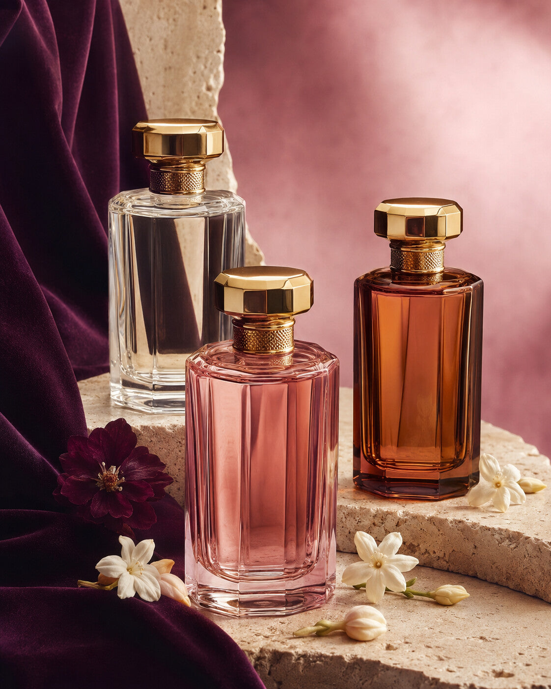HavaPassion rose, amber and clear fragrance bottles